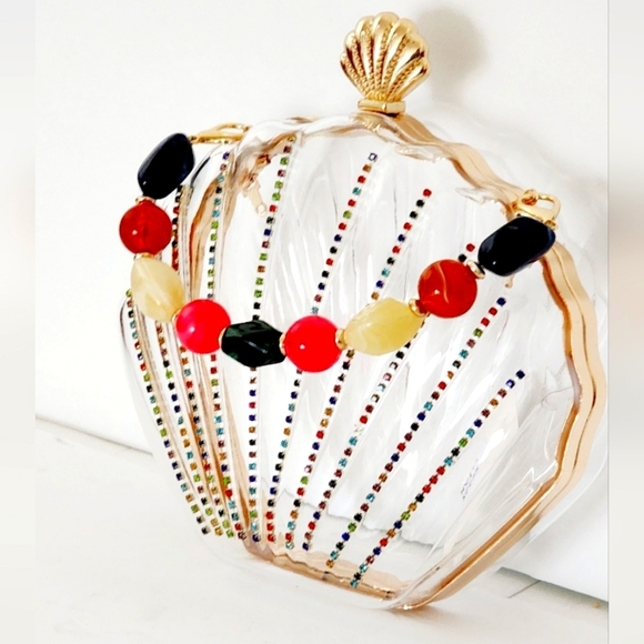 Mini Rhinestone & Bead Decor Transparent Dome Women's Clear Crossbody Handbag - Picture 4 of 11